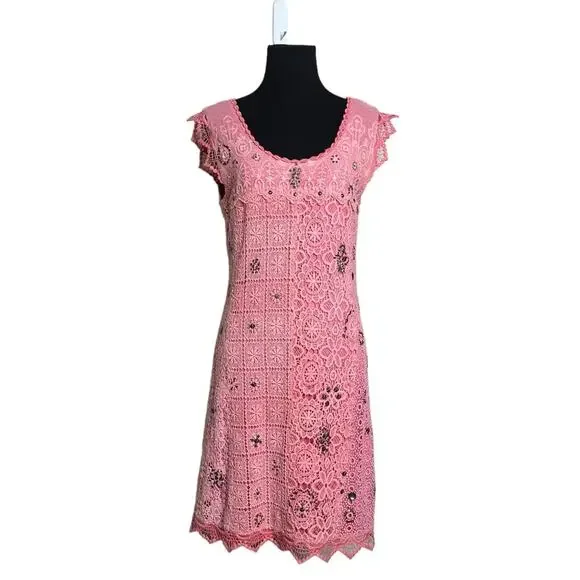 Yoana Baraschi | Dresses | Yoana Baraschi Coral Pink Crochet Cap Sleeves  Sheath Mini Dress Size M | Poshmark